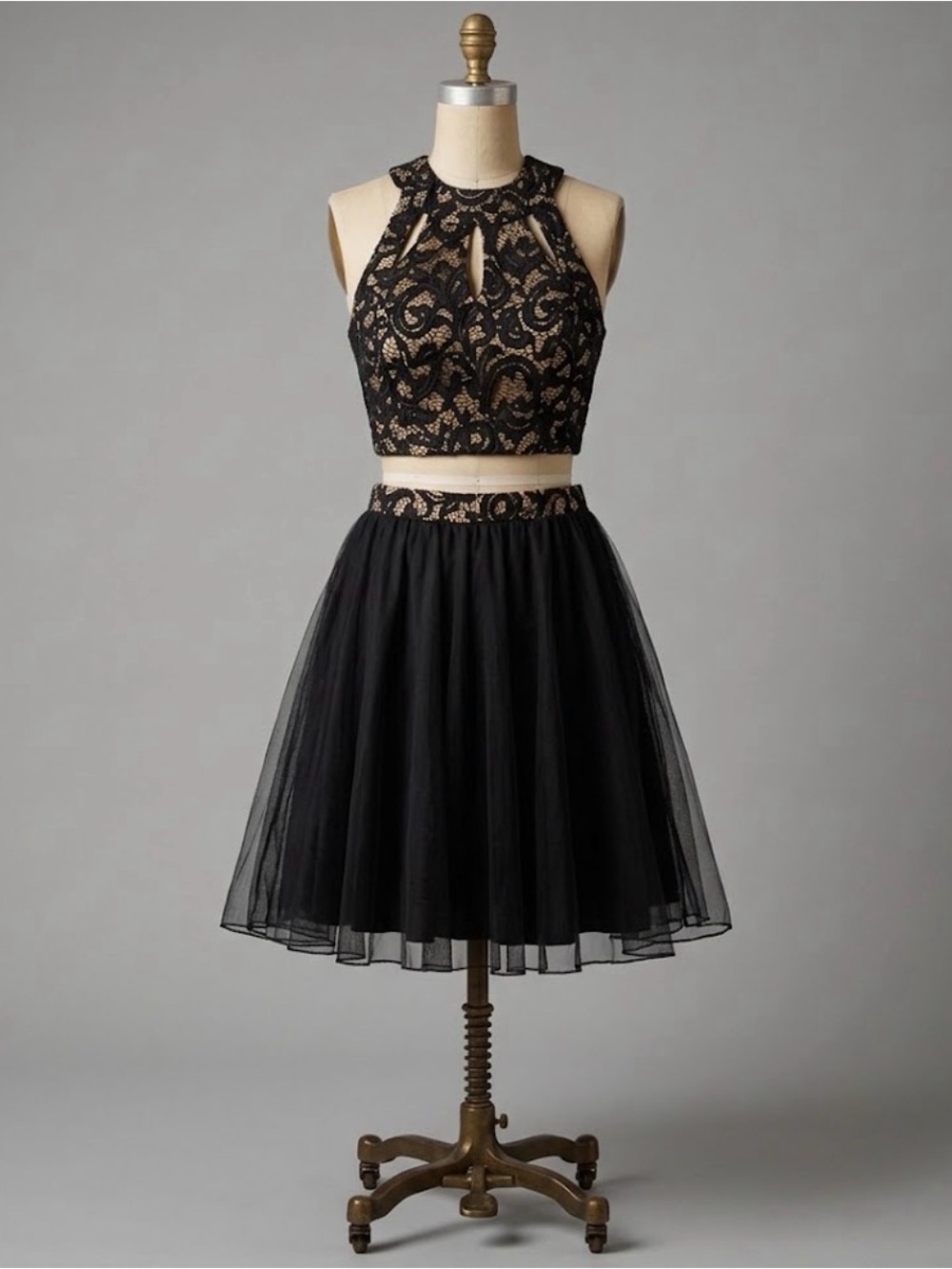 2 Piece Dress Black Lace Sequin Crop Top Tulle Skirt Formal Homecoming Hoco 1